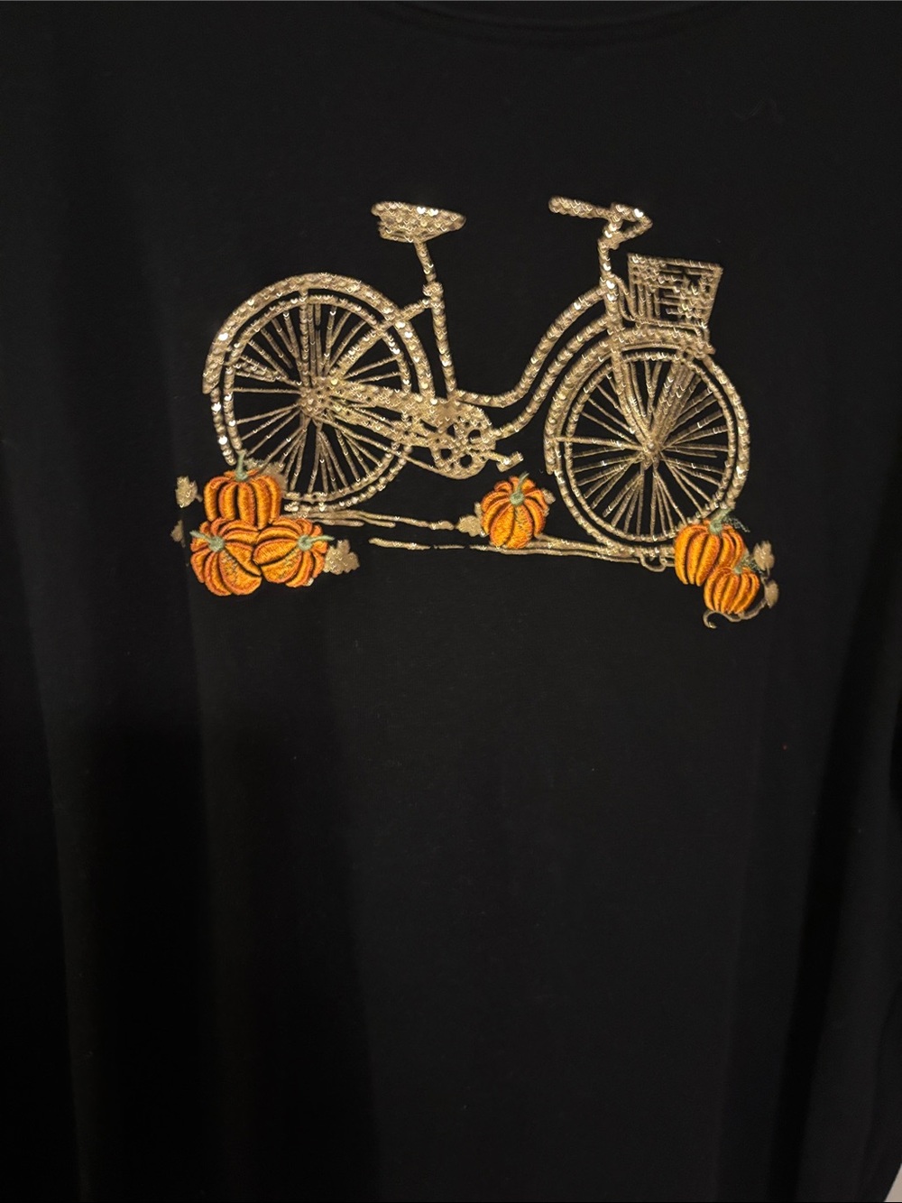 Women’s Black Long Sleeve Tee with Gold Bicycle & Pumpkin Embroidery - Picture 2 of 3